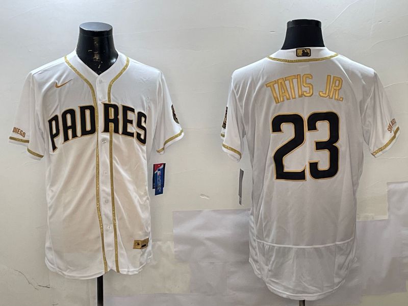 Men San Diego Padres #23 Tatis jr White Gold Elite 2025 Nike MLB Jersey style 1